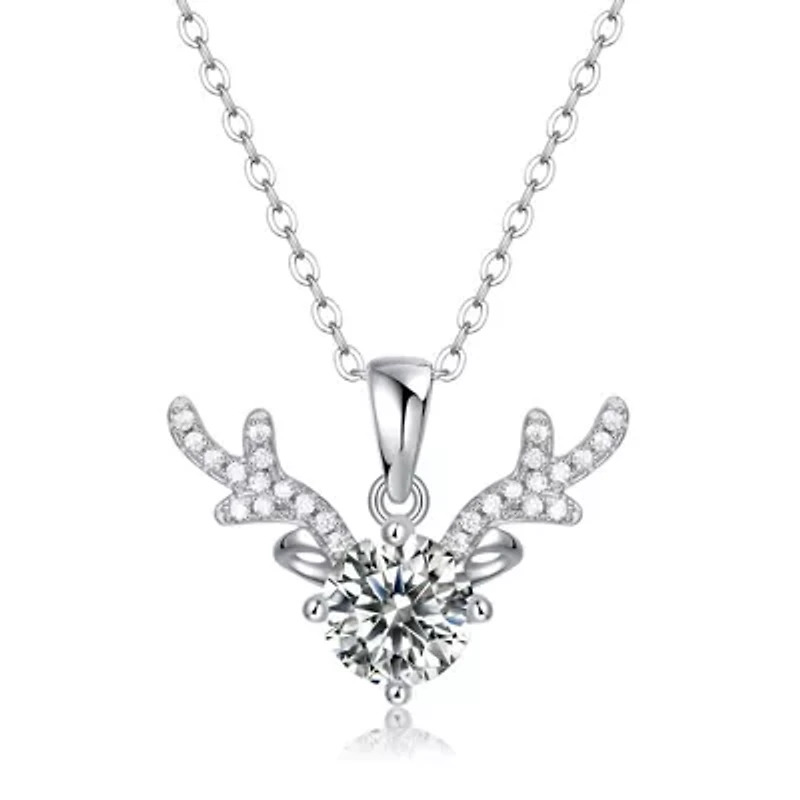 Sterling Silver White Gold Plated with 1ctw Lab Created Moissanite Antler Pendant Necklace
