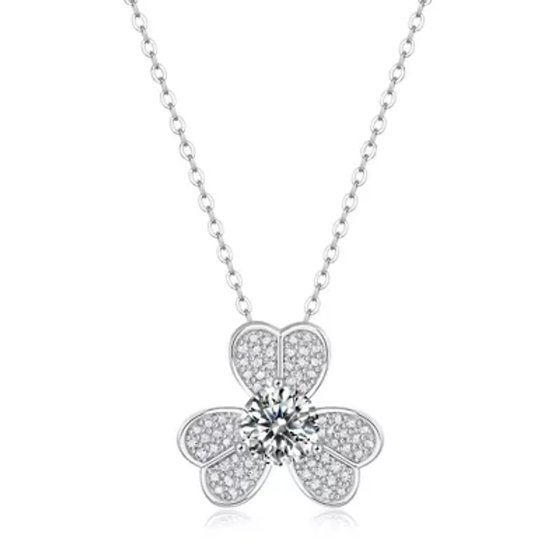 Sterling Silver White Gold Plated with 1ctw Lab Created Moissanite French Pave Blooming Flower Necklace