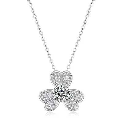 Sterling Silver White Gold Plated with 1ctw Lab Created Moissanite French Pave Blooming Flower Necklace