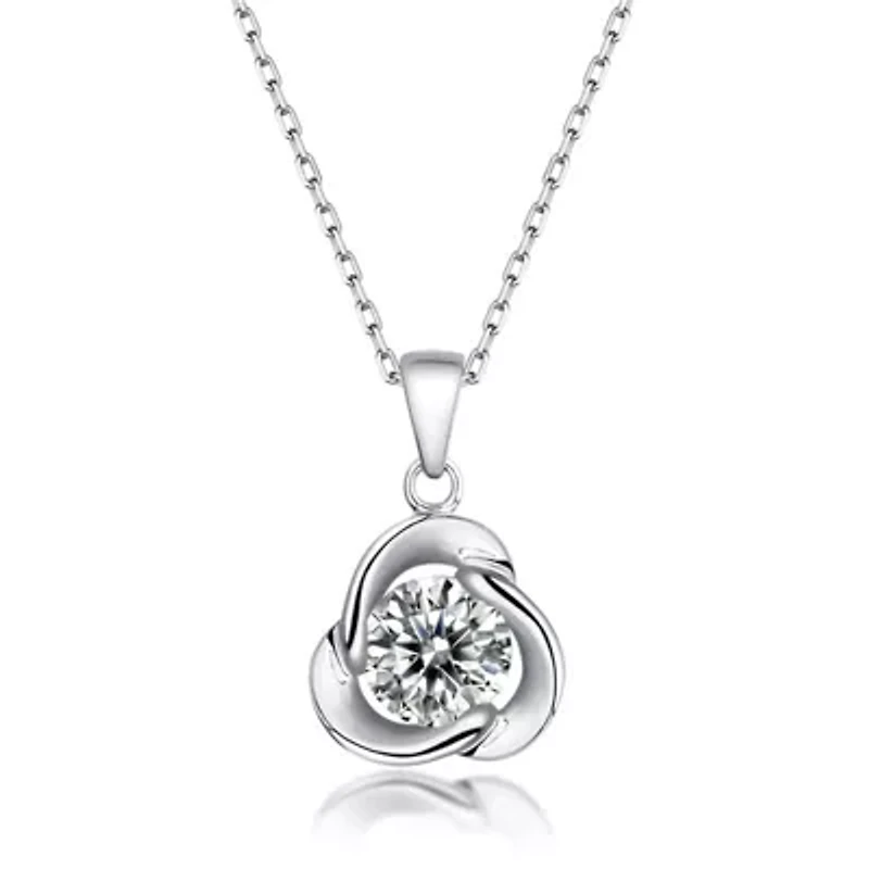 Lab Created Sterling Silver White Gold Plated with 1ct Round Moissanite Solitaire Flower Swirl Pendant Necklace