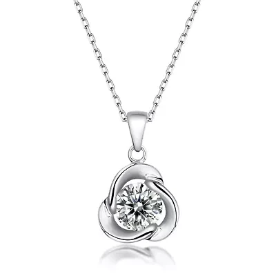 Lab Created Sterling Silver White Gold Plated with 1ct Round Moissanite Solitaire Flower Swirl Pendant Necklace