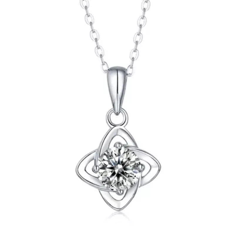 Sterling Silver White Gold Plated with 2ct Round Lab Created Moissanite Solitaire 4-Pointed Orbital Star Pendant Necklace