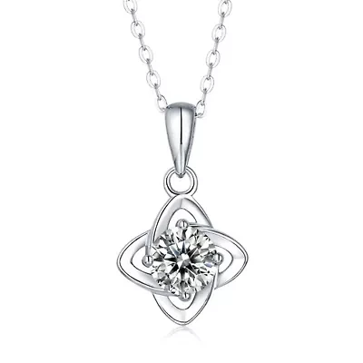 Sterling Silver White Gold Plated with 2ct Round Lab Created Moissanite Solitaire 4-Pointed Orbital Star Pendant Necklace