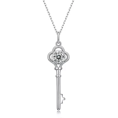 Sterling Silver White Gold Plated with 1ctw Lab Created Moissanite Vintage Skeleton Key Pendant Necklace