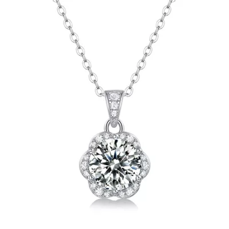 Sterling Silver White Gold Plated with 2ctw Lab Created Moissanite Cluster Lace Halo Flower Pendant Necklace