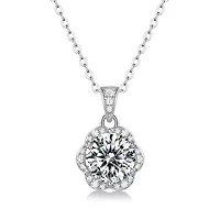 Sterling Silver White Gold Plated with 2ctw Lab Created Moissanite Cluster Lace Halo Flower Pendant Necklace