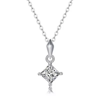 Sterling Silver White Gold Plated with 1ctw Lab Created Moissanite Princess Solitaire Pendant Necklace