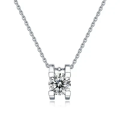 Sterling Silver White Gold Plated with 1ct Lab Created Moissanite Round Solitaire Slide Pendant Necklace