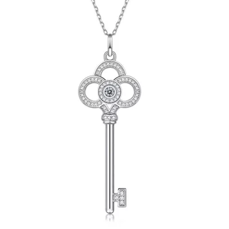 Sterling Silver White Gold Plated with 0.10ctw Lab Created Moissanite Skeleton Key Eternity Circle Pendant Necklace