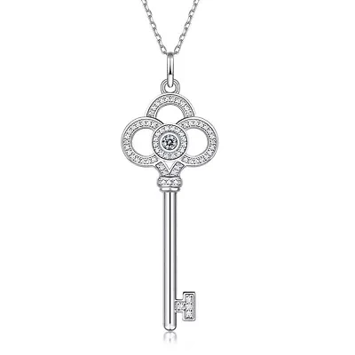 Sterling Silver White Gold Plated with 0.10ctw Lab Created Moissanite Skeleton Key Eternity Circle Pendant Necklace