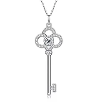 Sterling Silver White Gold Plated with 0.10ctw Lab Created Moissanite Skeleton Key Eternity Circle Pendant Necklace