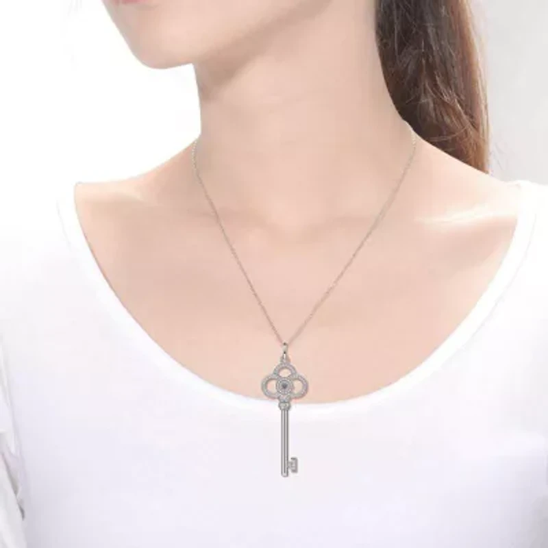 Sterling Silver White Gold Plated with 0.10ctw Lab Created Moissanite Skeleton Key Eternity Circle Pendant Necklace