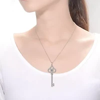 Sterling Silver White Gold Plated with 0.10ctw Lab Created Moissanite Skeleton Key Eternity Circle Pendant Necklace