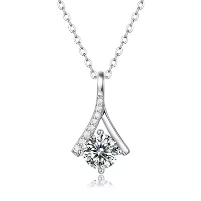 Lab Created Sterling Silver White Gold Plated with 1ct Lab-Grown Moissanite Solitaire Ribbon Necklace