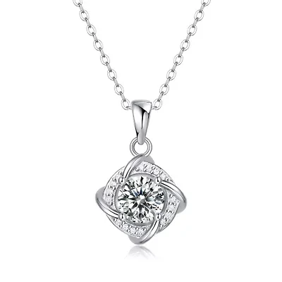 Lab Created Sterling Silver White Gold Plated with 1ct Lab-Grown Moissanite Solitaire Pave Anniversary Love Knot Necklace