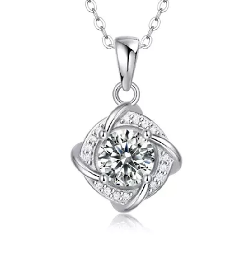 Lab Created Sterling Silver White Gold Plated with 1ct Lab-Grown Moissanite Solitaire Pave Anniversary Love Knot Necklace