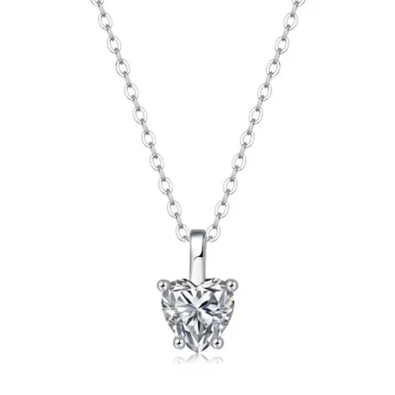 Sterling Silver White Gold Plated with 1ct Lab Created Moissanite Heart Solitaire Pendant Necklace