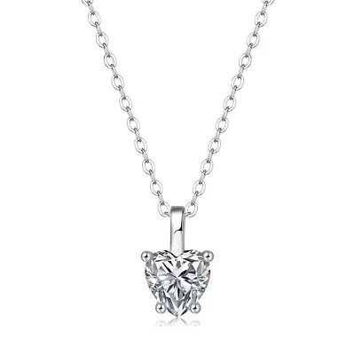 Sterling Silver White Gold Plated with 1ct Lab Created Moissanite Heart Solitaire Pendant Necklace