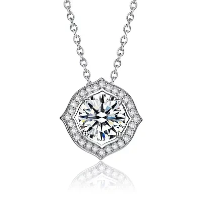 Sterling Silver White Gold Plated with Clear 1ctw Lab Created Moissanite Round Halo Vintage Style Pendant Necklace