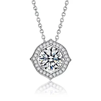 Sterling Silver White Gold Plated with Clear 1ctw Lab Created Moissanite Round Halo Vintage Style Pendant Necklace