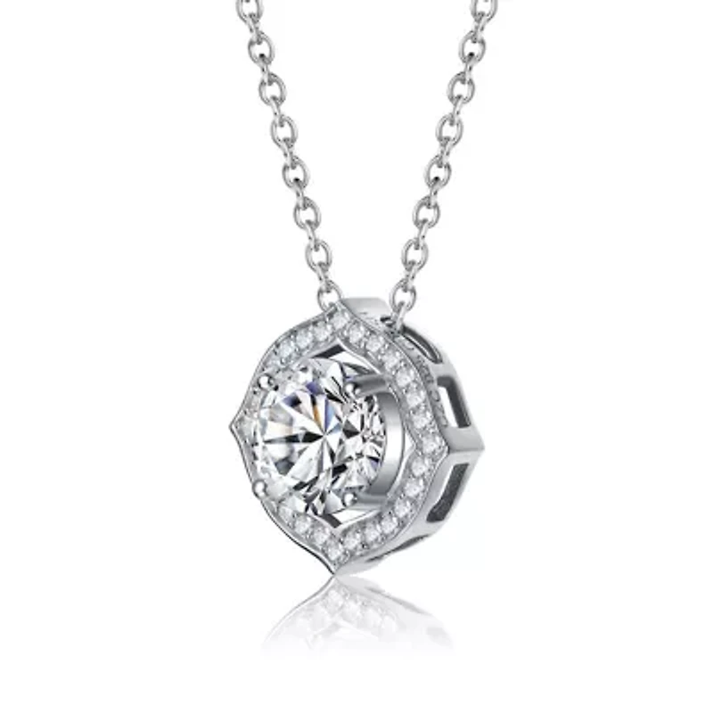 Sterling Silver White Gold Plated with Clear 1ctw Lab Created Moissanite Round Halo Vintage Style Pendant Necklace