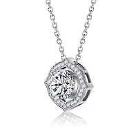 Sterling Silver White Gold Plated with Clear 1ctw Lab Created Moissanite Round Halo Vintage Style Pendant Necklace