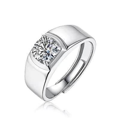 Sterling Silver White Gold Plated with 1ct Round Lab Created Moissanite Flush Set Solitaire Men Women Anniversary Adjustable Ring