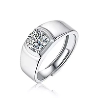Sterling Silver White Gold Plated with 1ct Round Lab Created Moissanite Flush Set Solitaire Men Women Anniversary Adjustable Ring