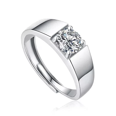 Sterling Silver White Gold Plated with 0.50ct Round Lab Created Moissanite Flush Set Solitaire Men Women Anniversary Adjustable Ring
