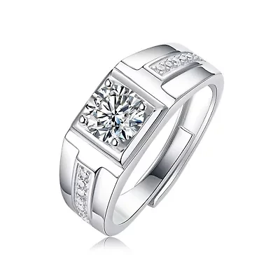 Sterling Silver White Gold Plated 1ctw Princess Cut Lab Created Moissanite Solitaire Pave Trim Men & Women Anniversary Adjustable Ring