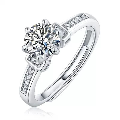 Sterling Silver White Gold Plated with 1ctw Round Lab Created Moissanite Solitaire Step Promise Adjustable Ring