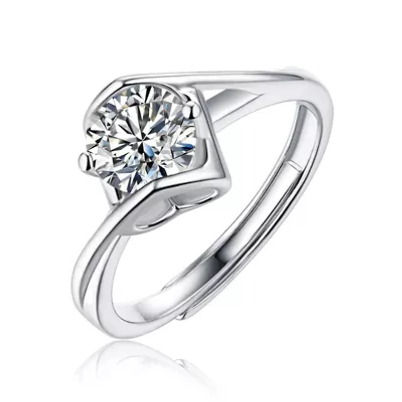 Adjustable Sterling Silver with .5ctw Round Brilliant Lab Created Moissanite Solitaire Bypass Twist Adjustable Ring