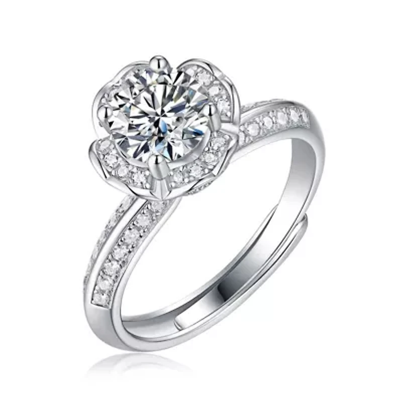 Sterling Silver White Gold Plated with 2ctw Lab Created Moissanite Tulip Pave Engagement Adjustable Ring