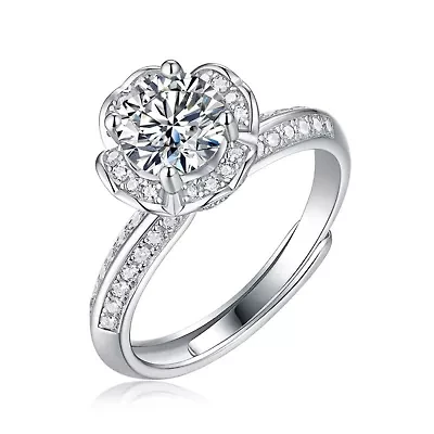 Sterling Silver White Gold Plated with 2ctw Lab Created Moissanite Tulip Pave Engagement Adjustable Ring