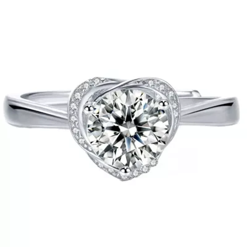 Sterling Silver White Gold Plated with 1.4ctw Round Lab Created Moissanite Heart Pave Promise Adjustable Ring