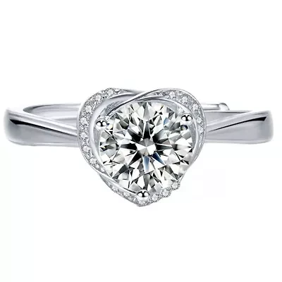 Sterling Silver White Gold Plated with 1.4ctw Round Lab Created Moissanite Heart Pave Promise Adjustable Ring
