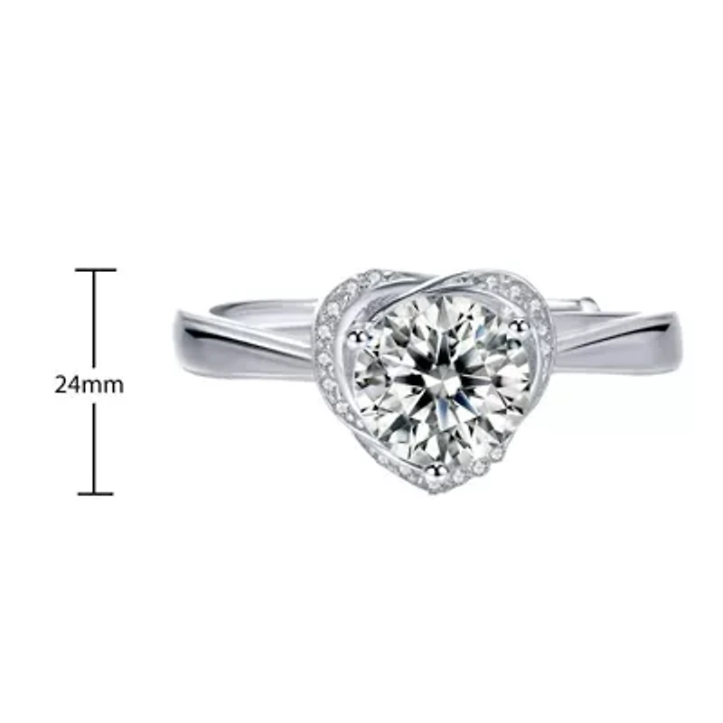 Sterling Silver White Gold Plated with 1.4ctw Round Lab Created Moissanite Heart Pave Promise Adjustable Ring