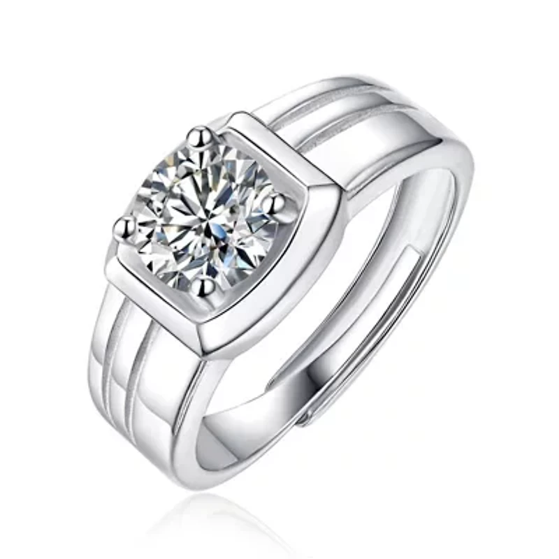 Sterling Silver White Gold Plated with 1ct Round Lab Created Moissanite Solitaire Grooved Men Women Cool Anniversary Adjustable Ring