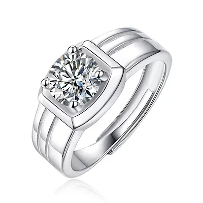 Sterling Silver White Gold Plated with 1ct Round Lab Created Moissanite Solitaire Grooved Men Women Cool Anniversary Adjustable Ring
