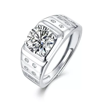 Sterling Silver White Gold Plated with 1.25ctw Lab Created Moissanite Solitaire & Bezel Sides Engagement Men Women Anniversary Adjustable Ring