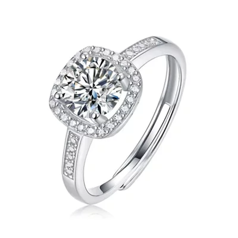 Lab Created Sterling Silver White Gold Plated with Clear 0.50ct Princess Lab-Grown Moissanite Halo Engagement Adjustable Ring