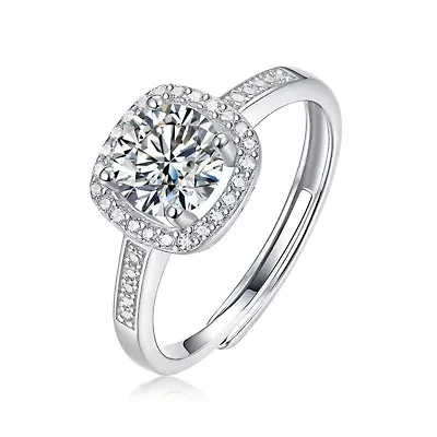 Lab Created Sterling Silver White Gold Plated with Clear 0.50ct Princess Lab-Grown Moissanite Halo Engagement Adjustable Ring