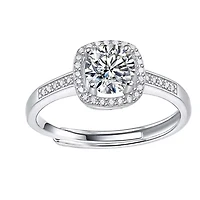 Lab Created Sterling Silver White Gold Plated with Clear 0.50ct Princess Lab-Grown Moissanite Halo Engagement Adjustable Ring