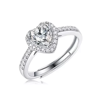 Lab Created Sterling Silver White Gold Plated with Clear 1.1ct Lab-Grown Moissanite Heart Halo Engagement Adjustable Ring