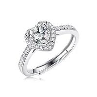 Lab Created Sterling Silver White Gold Plated with Clear 1.1ct Lab-Grown Moissanite Heart Halo Engagement Adjustable Ring