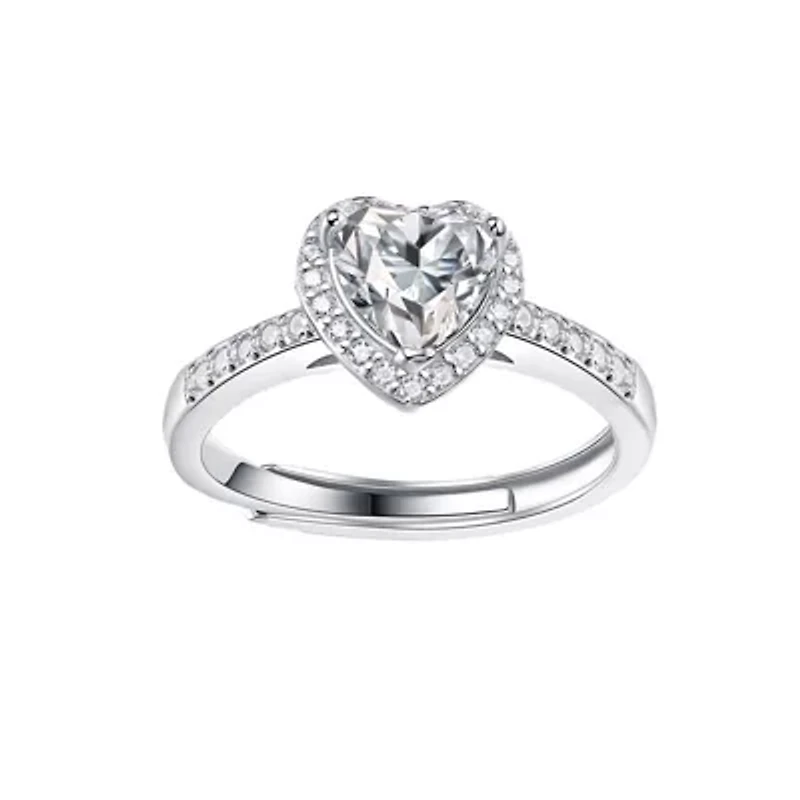 Lab Created Sterling Silver White Gold Plated with Clear 1.1ct Lab-Grown Moissanite Heart Halo Engagement Adjustable Ring
