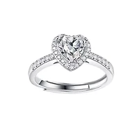Lab Created Sterling Silver White Gold Plated with Clear 1.1ct Lab-Grown Moissanite Heart Halo Engagement Adjustable Ring