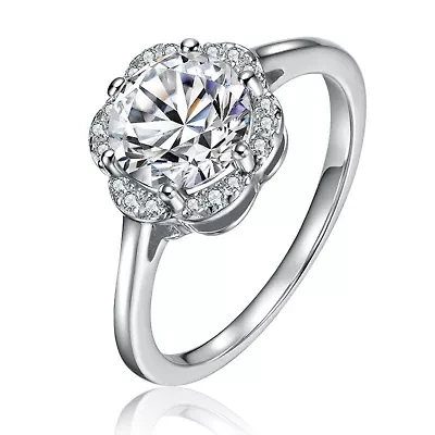 Lab Created Sterling Silver White Gold Plated with Clear 3.5CT Round Lab-Grown Moissanite Flower Cluster Engagement Ring