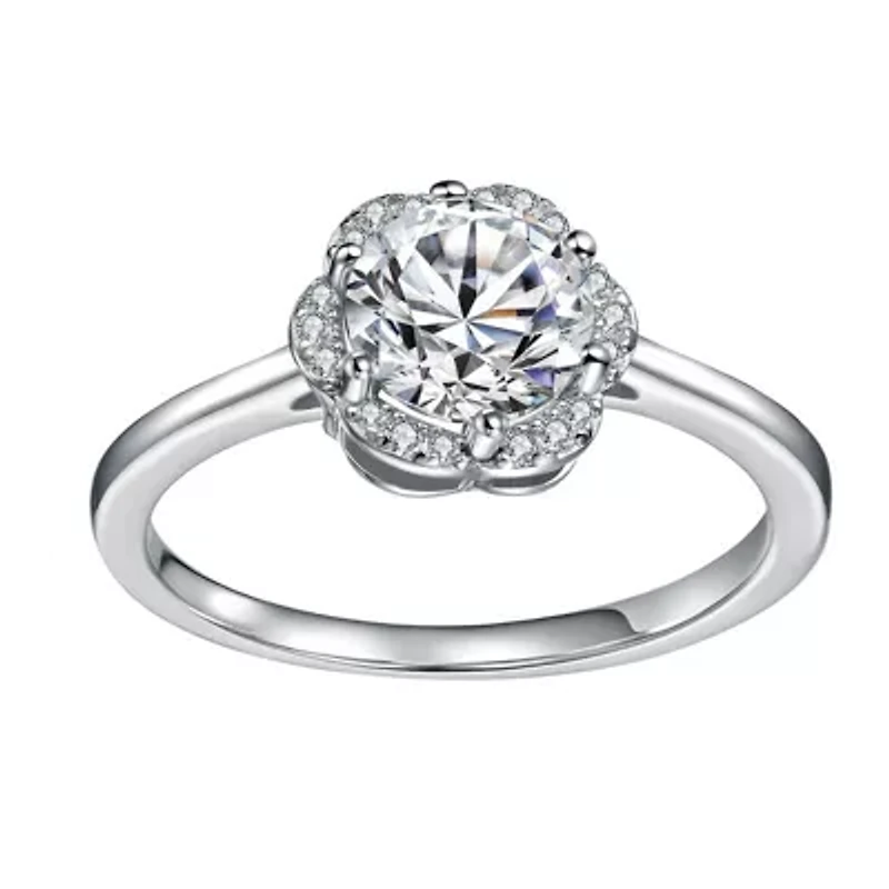 Lab Created Sterling Silver White Gold Plated with Clear 3.5CT Round Lab-Grown Moissanite Flower Cluster Engagement Ring