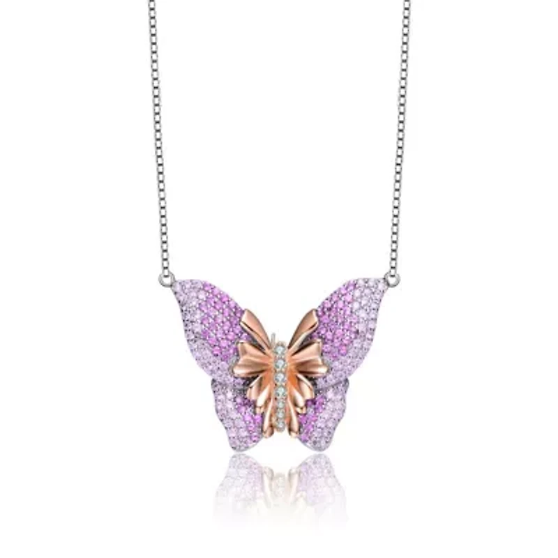 Lab Created Sterling Silver White Gold Plated with Clear & Ruby Red Cubic Zirconia Butterfly Necklace
